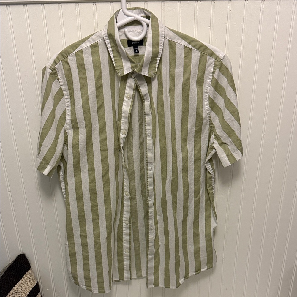 Express Olive and White Striped Casual Shirt
